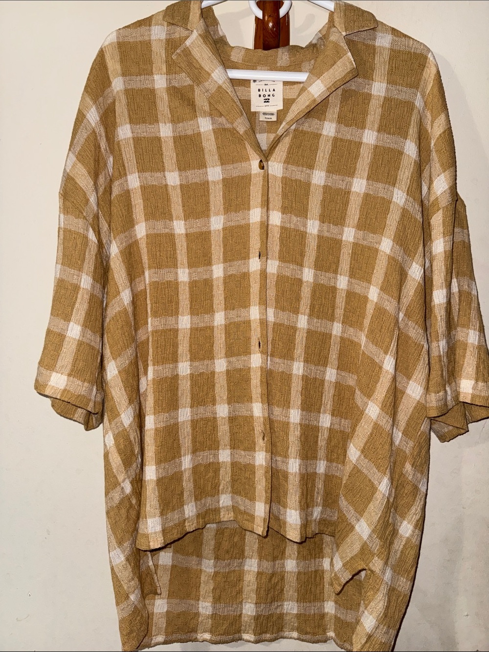 Billabong Mustard and White Plaid Lightweight Button-Down Shirt